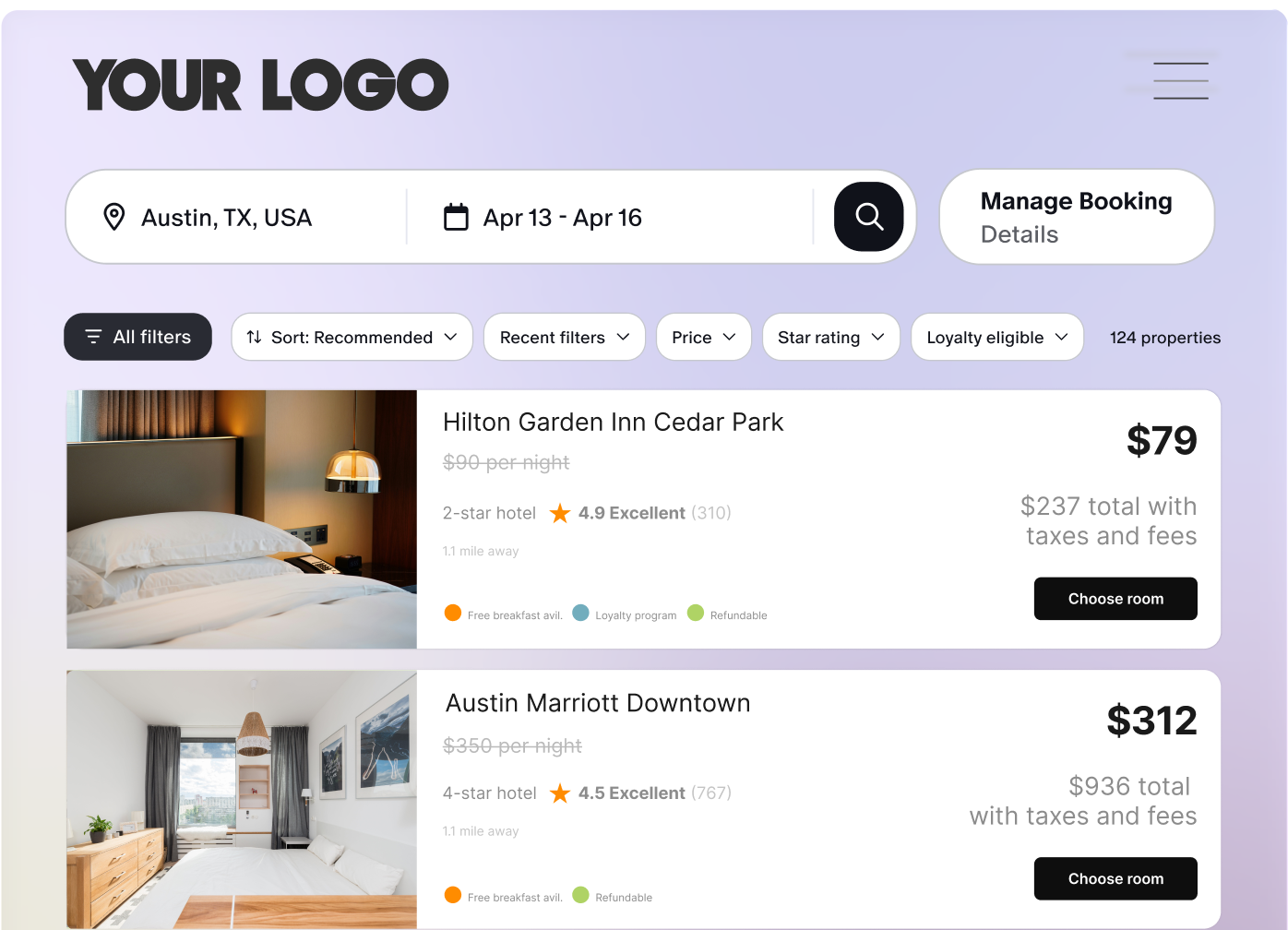 Hotel search results with pricing