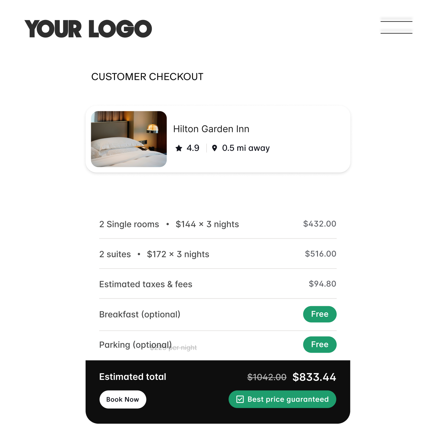 Customer checkout with hotel selection
